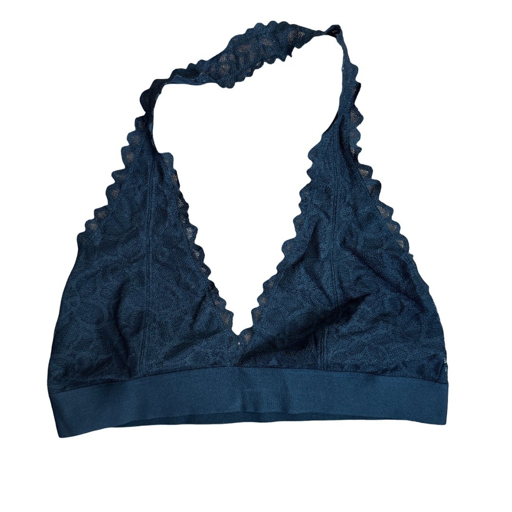 Victoria's Secret PINK Bralette Womens M (A-C) Blue Lace Halter Wireless Scallop